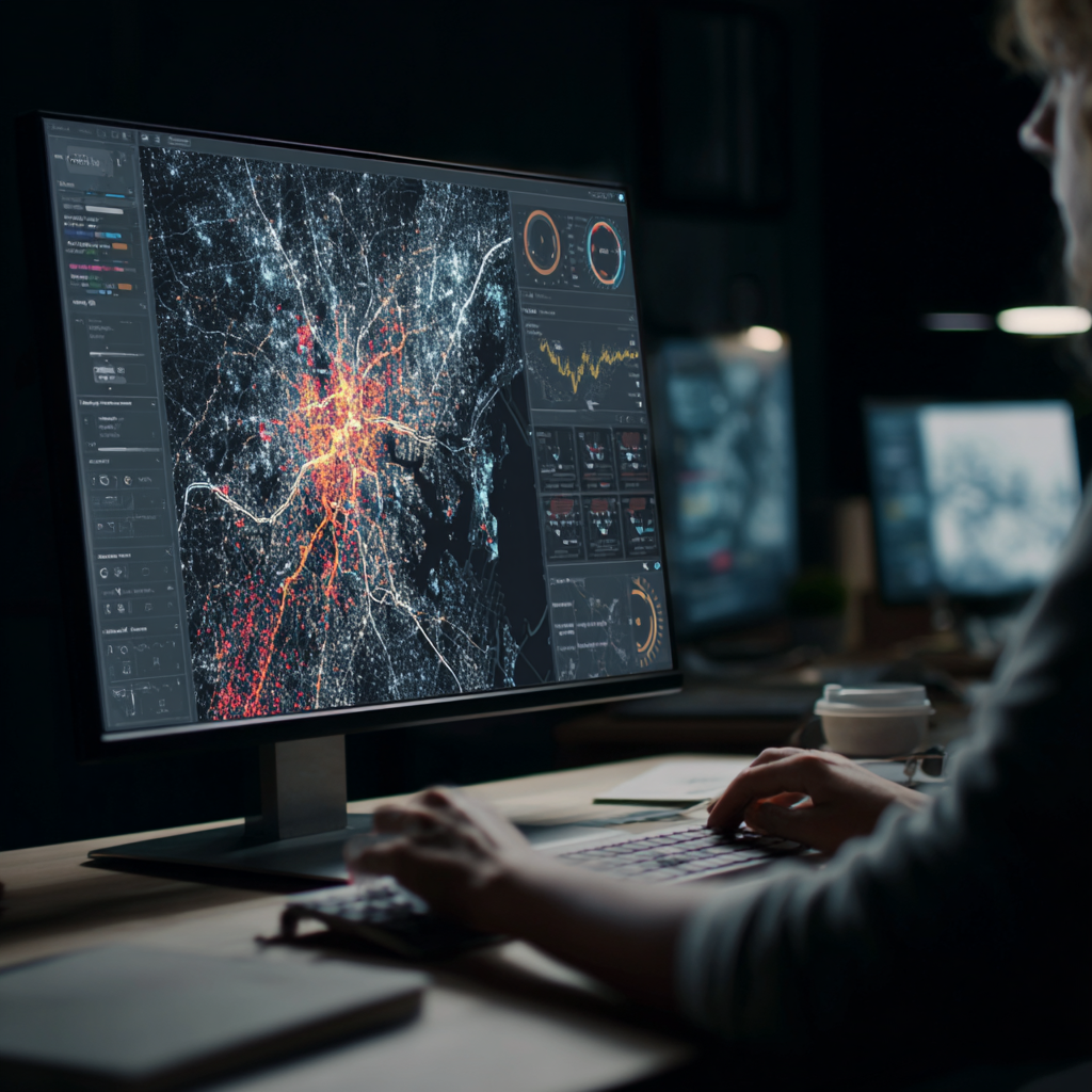Developer working on a computer with complex data visualization